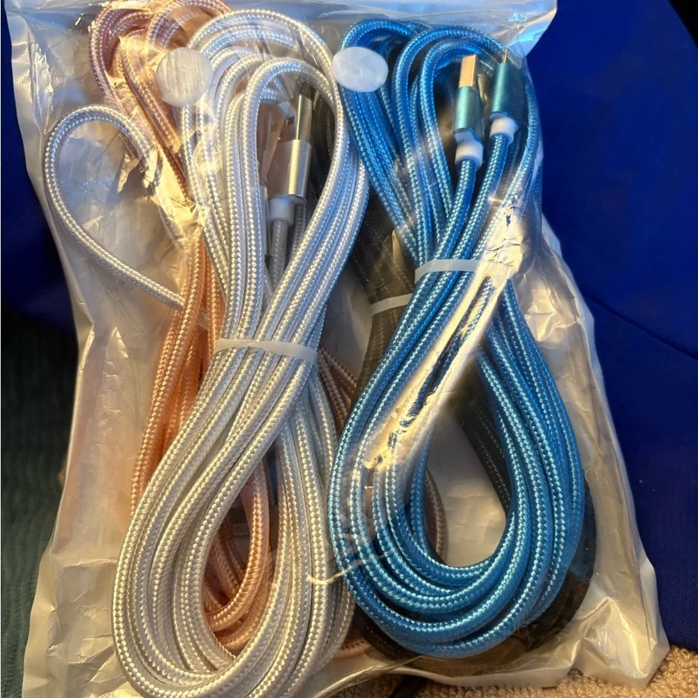 10 foot Braided Charging Cables in Blue, Silver, and Pink and black.